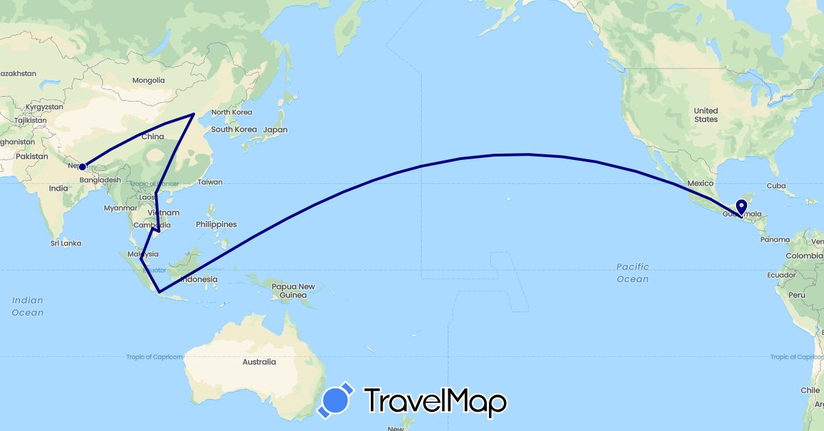 TravelMap itinerary: driving in China, Guatemala, Indonesia, Cambodia, Mexico, Malaysia, Nepal, Vietnam (Asia, North America)